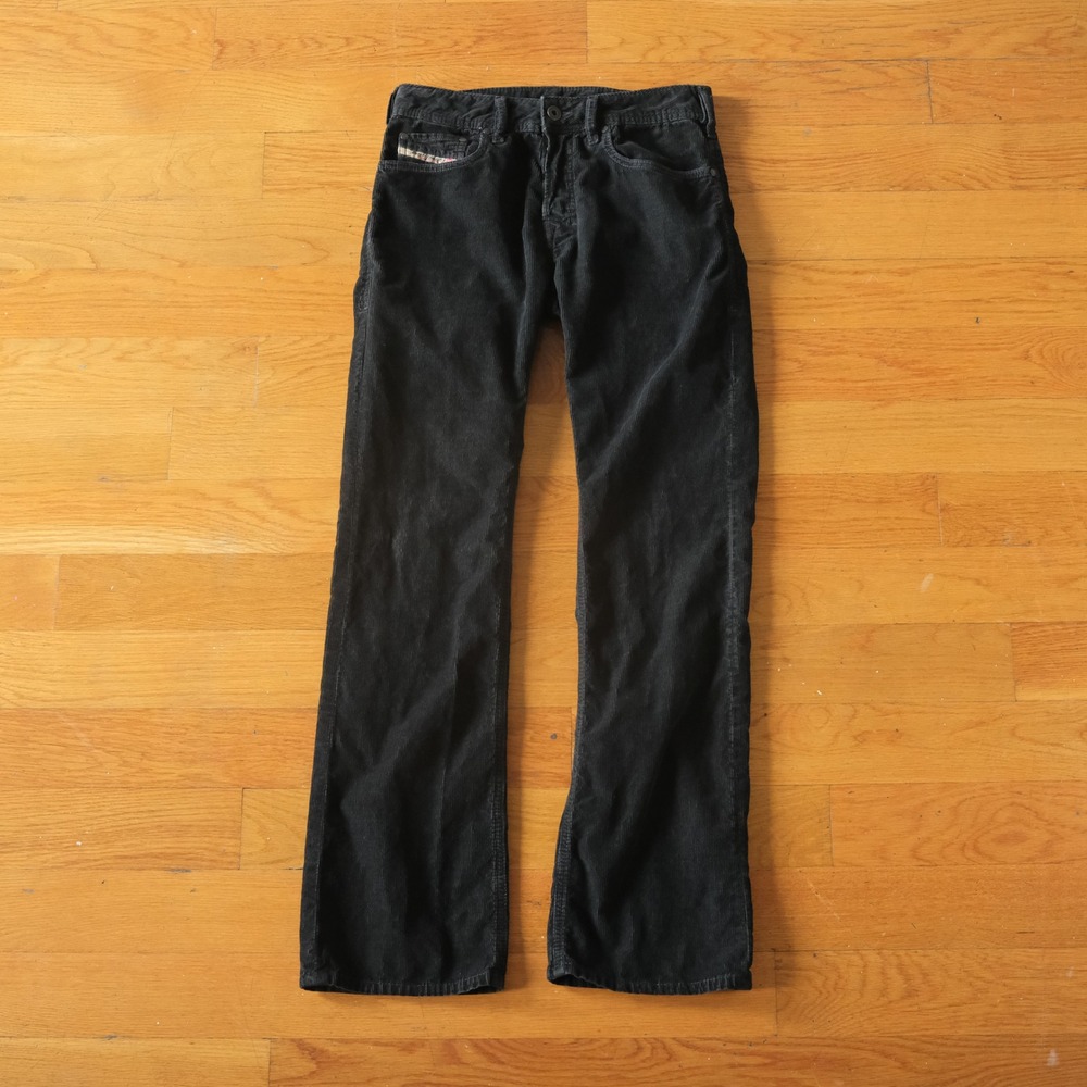 Diesel Corduroy Pants Mens Black Straight Leg Button Fly Grunge Size 26 Vintage